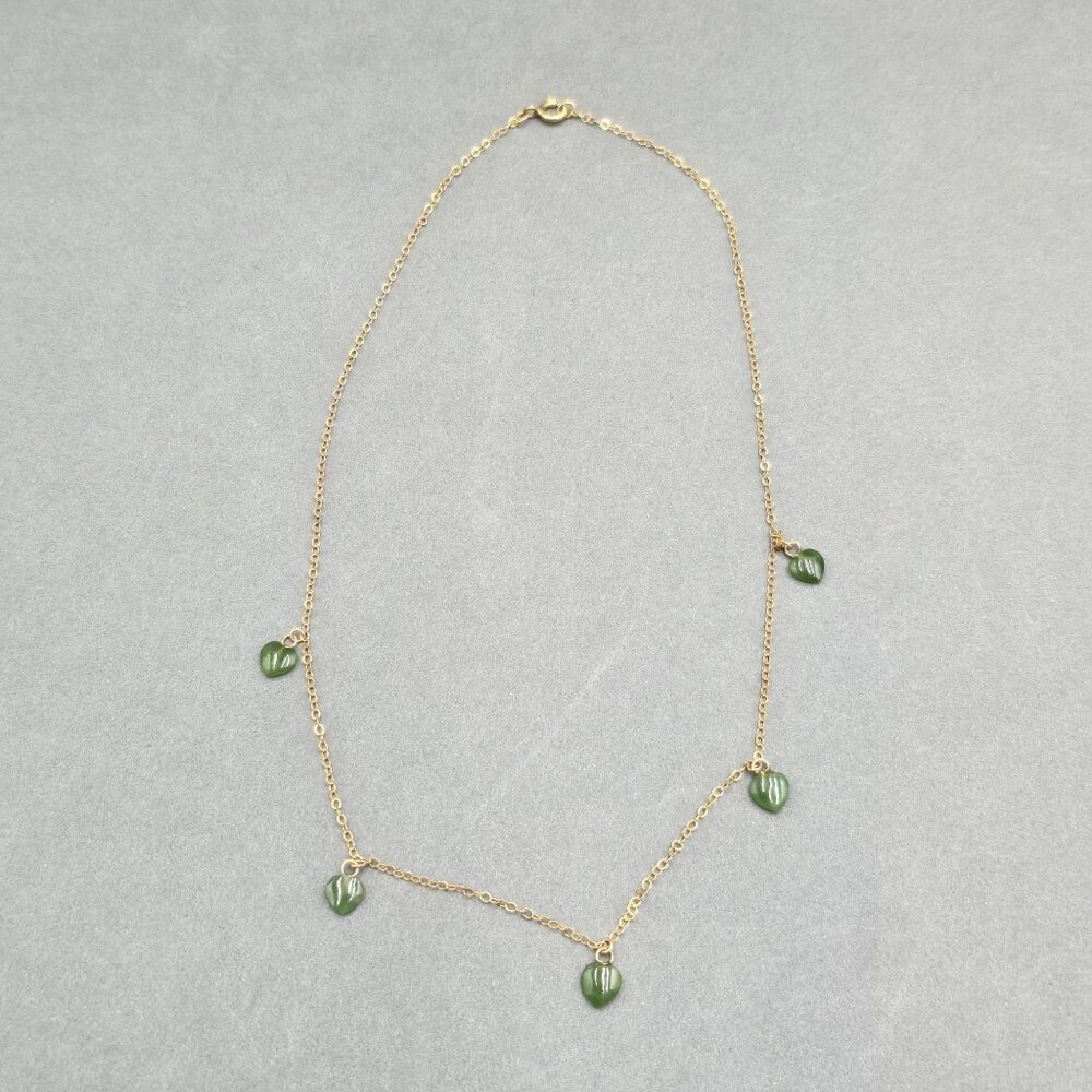 Vintage 14K Gold Filled Jade Heart Necklace 16" Five Station Dangle Minimalist - Picture 11 of 11